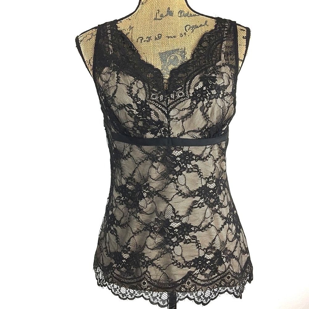Ann Taylor LOFT Blouse 4‎ Black Lace Nude Beige Cami Lined Top Sexy Work LN